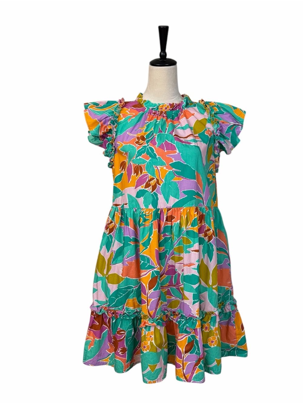 House of Harlow 1960 Mini Dress Size M Tiered Ruffle Green Orange Multi Cotton